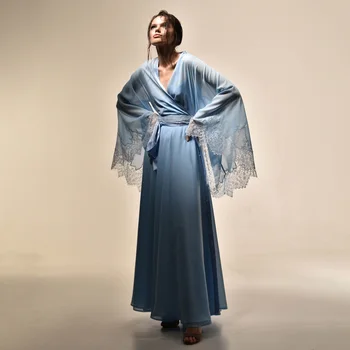Mavi Şifon kadın Kıyafeti Zarif Dantel Trompet Kollu Sabahlık Konfor Pijama Ev Tekstili Pijama Boyutu Özelleştirilmiş