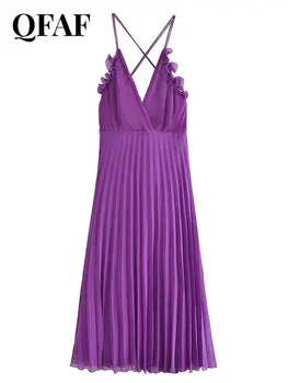 QFAF Kadın Spagetti Kayışı V Yaka Backless Kolsuz Pileli A-line Büyük Salıncak Maxi Elbise 2023 Plaj Seksi Parti Vestidos Elbiseler