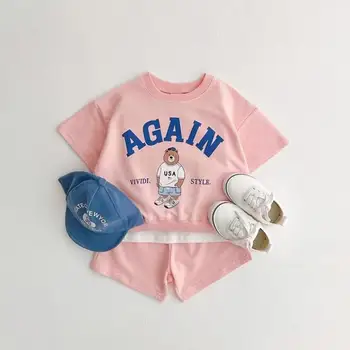 2023 Yaz Yeni Erkek Bebek Kısa Kollu Giyim Seti Sevimli Karikatür Ayı Baskı Çocuk T Shirt + Şort 2 adet Takım Elbise Bebek Kız Kıyafetler