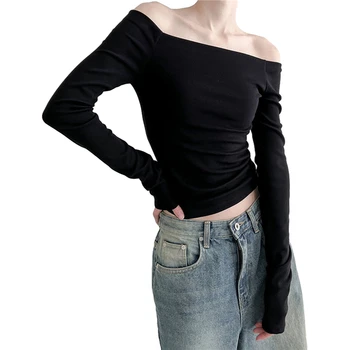 Xıngqıng Kapalı Omuz Üst y2k Elbise Kadın Bahar Sonbahar Düz Renk Uzun Kollu T Shirt 2000 s Estetik Giyim Streetwear