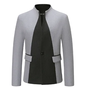 Erkek Gri Siyah Patchwork Blazers Şık İngiliz Yün Karışımı Takım Elbise Blazer Ceket Erkekler Iş Iş günlük ceketler Terno Masculino