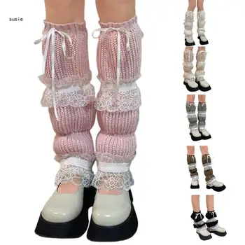 X7YA yay dantel Up bacak ısıtıcıları Y2K örgü bacak kol fırfırlı Baggy manşetleri ayak bileği yığın çorap