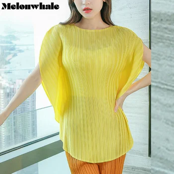 MelonWhale Pilili T - shirt Kadınlar için Yuvarlak Yaka Kısa Kollu Batwing Düz Renk Zarif Kadın rahat giyim 2023 Yaz