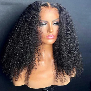 26 İnç Yumuşak Brezilyalı Uzun Kinky Kıvırcık Doğal Siyah Ön Koparıp Orta Kısmı Dantel ön peruk Ile Kadınlar Için Bebek Saç