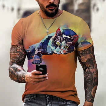 Kedi Hayvan 3d Baskı Moda Erkek Yakışıklı Kedi T-Shirt Erkek T Shirt Rahat Kısa Kollu Yeni Büyük Boy Erkek 5xl Kazak