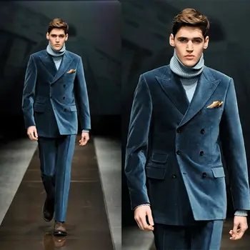 Kadife Zarif Takım Elbise Erkekler için Slim Fit Moda 2 Parça Şık Tepe Yaka Kruvaze Yüksek Kaliteli Erkek Blazer Lüks Takım Elbise 2023