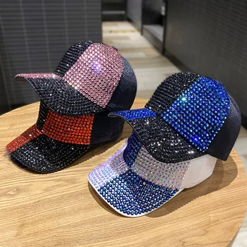 Moda İki renkli Dikiş Parlak Rhinestones beyzbol şapkası Yaz kadın Gece Kulübü Hip Hop Kapaklar Snapback güneşlik şapka Erkekler için