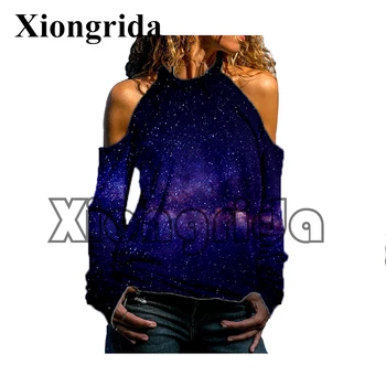 Vintage Galaxy T shirt Kadın Rahat Kapalı Omuz Tees 3D Evren Yıldızlı Gökyüzü Baskı Hip Hop Moda Hollow Out Uzun Kollu Üstleri