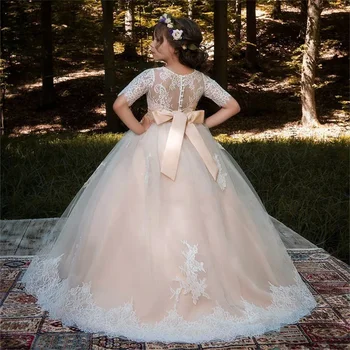 Basit Kolsuz Kabarık Çiçek Kız Elbise Dantel Ruffles Tül İlk Communion Doğum Günü Düğün Balo Parti Prenses resmi giysi