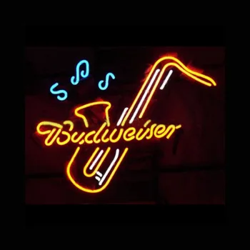 Budweiser saksafon müzik not Neon ışık burcu özel el yapımı gerçek cam tüp bira Bar reklam odası dekor ekran lambası 19X15