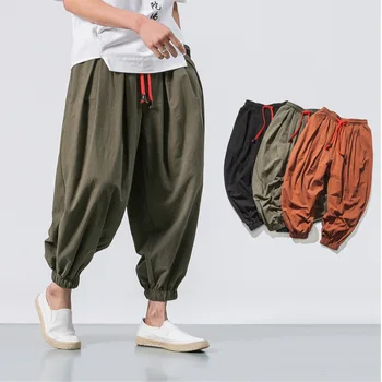 Bahar Erkekler Gevşek Harem Pantolon Çin Keten Kilolu Sweatpants Yüksek Kalite Casual Marka Boy Erkek