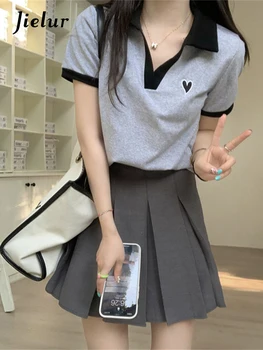 Jielur Şık Nakış Gri T Shirt Kore Yaz Patchwork Polo Boyun T-shirt Kadın Harajuku Beyaz Kısa Kollu T-Shirt Kadın