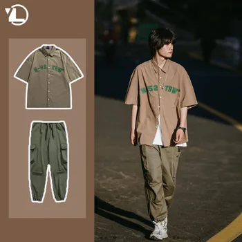 Yaz Vintage Erkekler Set Japon Rahat Kısa Kollu Gömlek + Açık Havada Spor Büyük Cep Pantolon İki Parçalı Unisex Çift Takım Elbise 2023