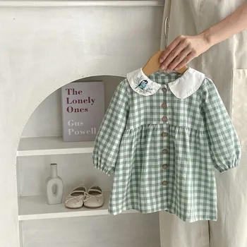 2023 Sonbahar Bebek Kız Elbise pamuklu uzun kollu tişört Ekose Gevşek Toddler Kız Elbise Gömme Bel Streç Bebek Kız Kıyafetler