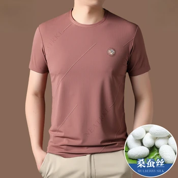 100 % Dut İpek kısa kollu tişört erkek Yaz Buz İpek Yuvarlak Boyun T-shirt erkek Yaz Yeni Gevşek Moda T Shirt Camiseta