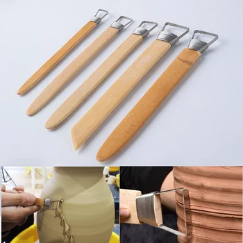 5 adet Set Seramik Ürünler Dişli Bambu Kolu Tamir Araçları DIY Kil Kazıyıcı Modeli El Sanatları Oyma Doku Bıçak