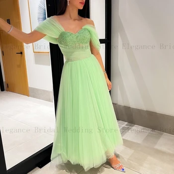 Prenses Yeşil balo kıyafetleri Kadınlar için Çay Boyu Kapalı Omuz Bling Pullu Straplez Akşam Elbise Düğün vestidos