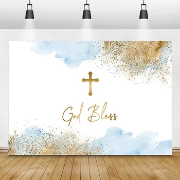 Tanrı Korusun Zemin Erkek Kız Vaftiz Parti İlk Komünyon Süslemeleri Mavi ve Altın Çiçek Vaftiz Fotoğraf