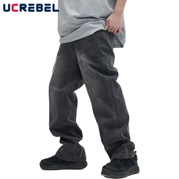 Yıkanmış Eklenmiş Geniş Bacak Kot Erkek Yüksek Sokak Gevşek Düz bacak Pantolon Streetwear günlük kot pantolon