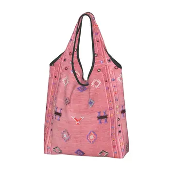 Yeniden kullanılabilir Pembe Oryantal Geleneksel Fas Tarzı alışveriş çantası kadın büyük el çantası Çanta Bohemian Etnik Çiçek Bakkal alışveriş çantaları