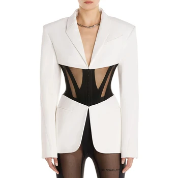 Kritt 2023 Yeni kadın Giyim Siyah Beyaz Seksi Mesh Splice Korse Detayları Takım Elbise Yüksek Kaliteli Blazer Ceket