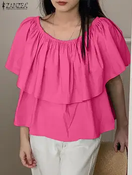 ZANZEA Yaz Katmanlı Ruffles Tunik Moda Kapalı Omuz Bluzlar Kadınlar Kore Tarzı Kısa Kollu Blusas Tops Şık Düz Gömlek