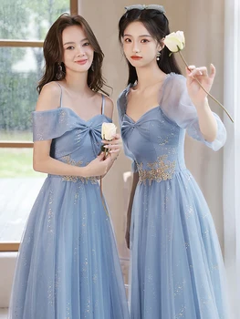 Mavi Tül Uzun Nedime Elbise Düğün Parti için Zarif Kadın Çiçek Nakış Balo Resmi Ziyafet Abiye