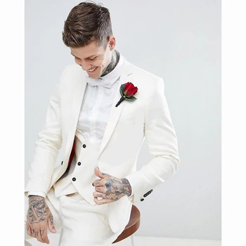 Yeni Düğün Smokin Erkekler için 2023 Slim Fit Groomsmen Çentik Yaka Damat Takım Elbise Fildişi Erkek Takım Elbise En İyi Erkek Blazer (ceket + Pantolon + Yelek)