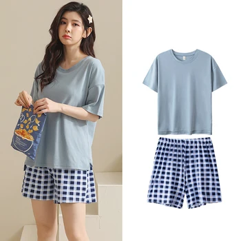 Kadınlar için yaz Kore Pijama Loungewear Pijama Seti Kızlar Tatlı T Shirt Ekose Şort Gecelik Takım Elbise