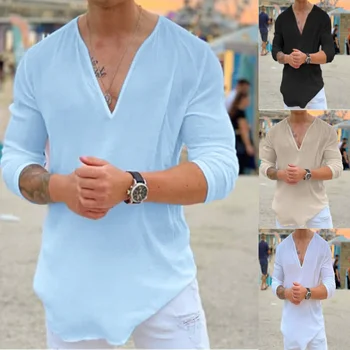 2023 Erkek Gömlek V boyun T gömlek Nefes Rahat Düz Renk Uzun Kollu Gevşek Casual Bluz havai gömleği Camisa Masculina
