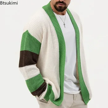 2023 Erkek Sonbahar Kış Kazak Moda Yeşil Gevşek Kontrast Renk Örgü Hırka Kazak Ofis Uzun Kollu Erkek Hırka Ceket
