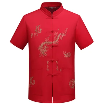 Çin Geleneksel Tang Giyim Üst Mandarin Yaka Kung Fu Kanat Chun Giysi Üst Kısa Kollu Nakış Ejderha Gömlek