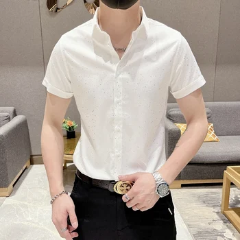 2023 Yaz Kısa Kollu Gömlek Erkekler Nokta Baskı Slim Fit Casual Gömlek İş Resmi Elbise Gömlek Sosyal Parti Smokin Bluz