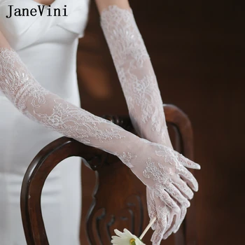JaneVini Guantes Largos Elegantes 60 cm Uzun Dantel Eldiven Gelin Düğün Eldiven Tam Parmak Beyaz Gelin Kadın Parti Aksesuarları
