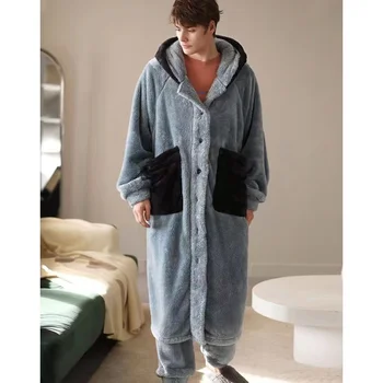Kış Sıcak Pijama Setleri Erkekler İçin Kapşonlu Uzun Bornoz Takım Elbise Elastik Pantolon Büyük Boy Pijama Erkek Ev Giysileri Gecelik