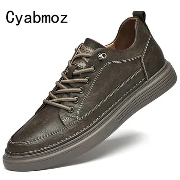 Vintage erkek ayakkabısı Yüksekliği Artan 7 CM Sneakers Hakiki Deri Erkek rahat ayakkabılar Görünmez Asansör Erkek Spor Rahat