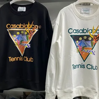 Kazablanka Tenis Kulübü Siyah Hoodies Erkekler Kadınlar Üçgen Logo Büyük Boy Tişörtü Saf pamuklu kazak