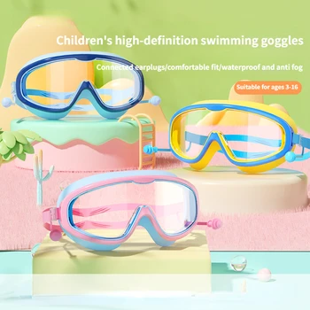 Çocuk Büyük çerçeveli yüzme gözlükleri HD Su Geçirmez anti-sis yüzücü gözlükleri Tek parça Kulakiçi Çocuklar yüzme gözlükleri