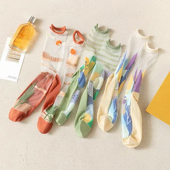 Yaz Ultra ince Şeffaf Kristal İpek Çorap Moda Kadın Çorap Harajuku Çiçek Retro Japonya Tarzı Renkli Kawaii Sevimli Çorap