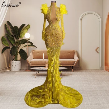 Yeni Moda Sarı balo kıyafetleri Mermaid Tüyler Örgün Durum Elbise Uzun Kollu Boncuklu Abiye giyim Vestidos De Cóctel