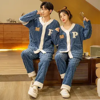 Mercan Kadife Çift Pijama Kadın Sonbahar ve Kış erkek Pijama Kalınlaşmış Sıcak Kore Facecloth kadın Pijama Gecelik