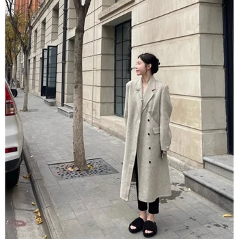 Hepburn Yulaf Ezmesi Yün Ceket Kadın Sonbahar Yeni Gevşek Orta uzunlukta Yün Palto Katı Renk Uzun Kollu Tek göğüslü Ceket