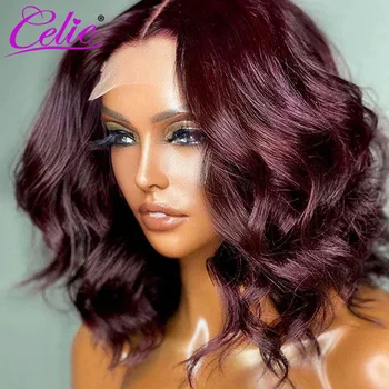 Celie Dalgalı Katmanlı peruk insan saçı 5x5 HD Dantel Kapatma Peruk Brezilyalı 99j Bordo Renkli Tutkalsız Dantel Ön İnsan Saç Peruk