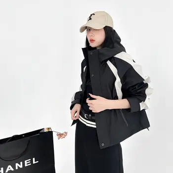 2023 İlkbahar Ve Sonbahar Giyim Siyah Moda Rahat kapüşonlu ceket kadın Paneli Kısa Uzun Kollu Gevşek Ceket Üst