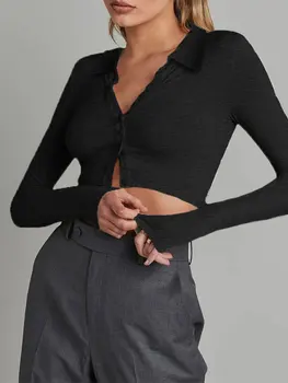 Kadın Seksi Ön Düğme Kırpılmış Gömlek Uzun Kollu Kare Boyun Slim Gömme Kırpma Üst Temel Tee Streetwear