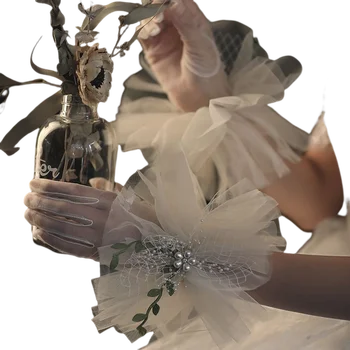 Lady Tül Tam Parmak İnciler Zarif Kısa Şeffaf Yaz Eldiven Düğün Cadılar Bayramı Cosplay Parti için