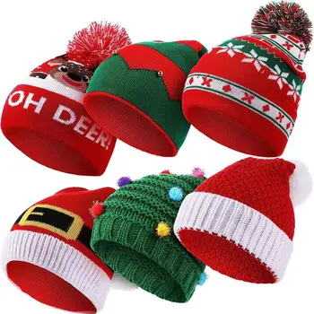 100 % Akrilik Örme Şapka Pom Pom İle Beyaz Kırmızı Santa Kap Yetişkin Çocuklar Kış Manşet Bere Tatil Parti Hediye Noel
