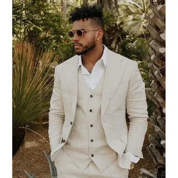 Yaz Yeni Varış Erkek Takım Elbise Yüksek Kaliteli Ince Keten 3 Parça Moda Tepe Yaka Erkek Blazer Bej Düğün Damat Rahat Smokin