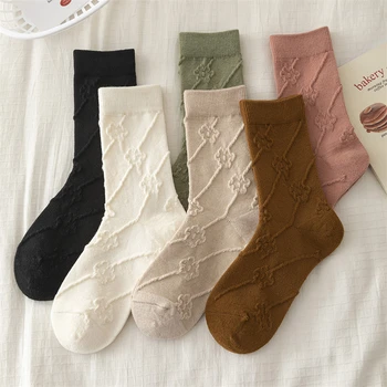 Kadın Çorap Yüksek Kalite Yeni Sonbahar Kış Yün Çorap Kadın Sıcak Basit Düz Renk Kızlar Ekip Çorap Retro Çiçek Sevimli Kawaii