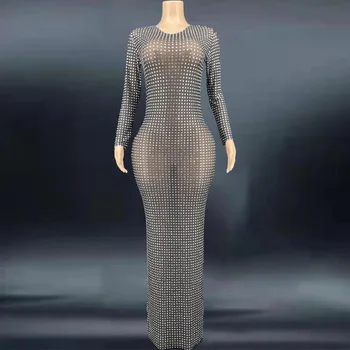 Seksi Sahne Sparkly Akşam Tam Rhinestones Elbise Siyah Çıplak Örgü Şeffaf Performans Giyim Dans Şarkıcı Kristaller uzun elbise